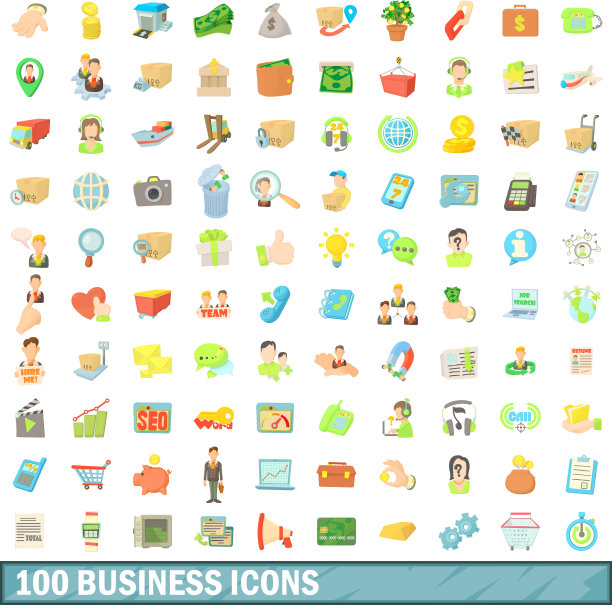100个商业图标设置卡通风格图片下载