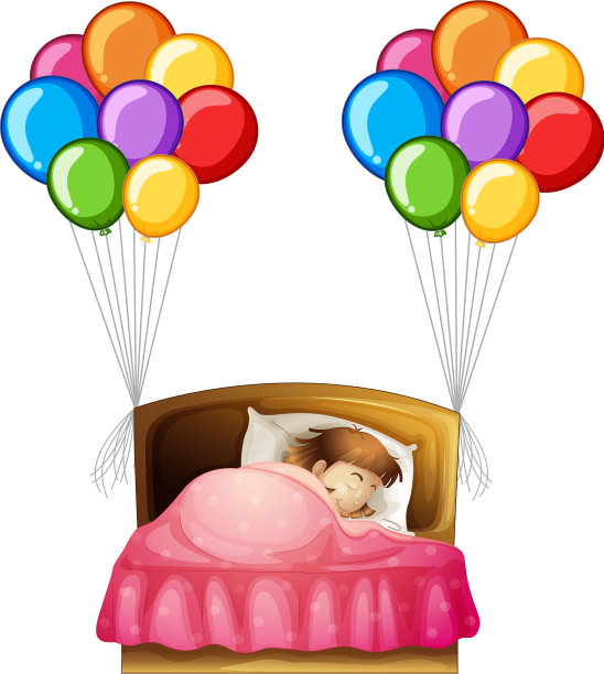 女孩躺在床上，身上挂着彩色气球图片下载