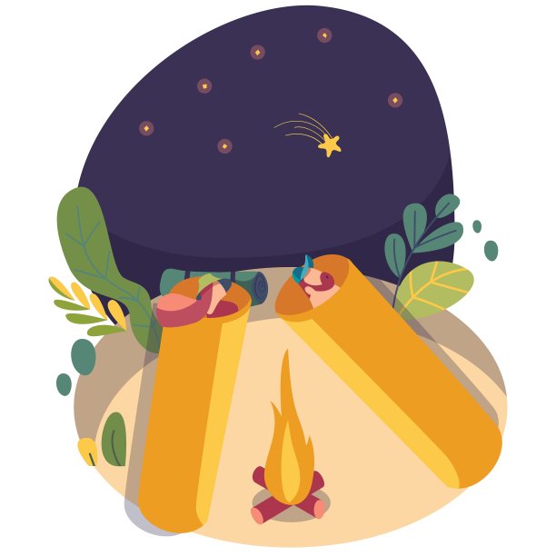 卡通年轻夫妇休息，睡在睡袋附近的篝火，冒险在晚上，孤立在白色，插图，向量。图片下载