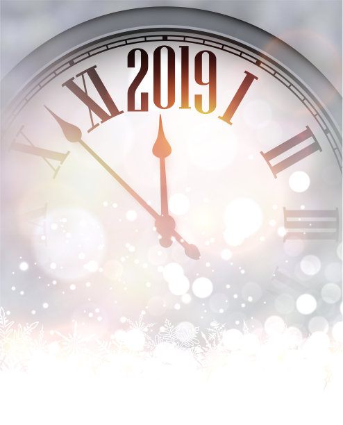 灰色模糊的2019年新年背景与时钟图片下载