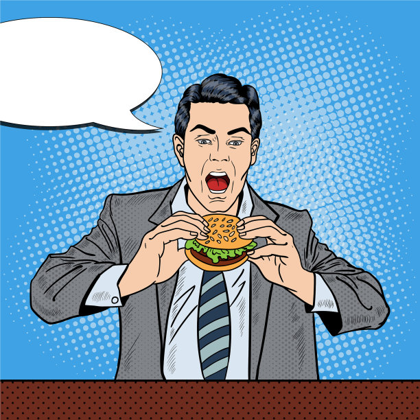 波普艺术商人在工作中吃着美味的汉堡图片下载