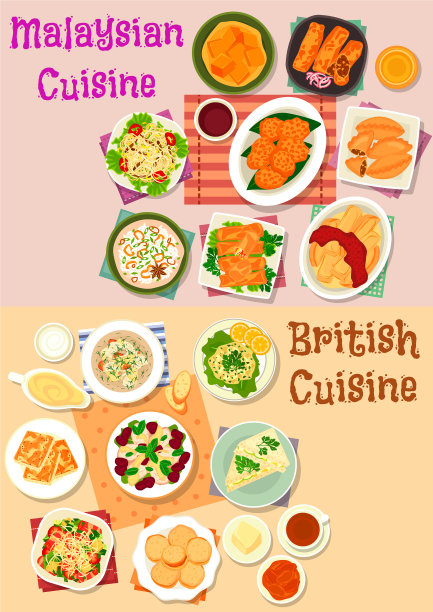 马来西亚和英国美食午餐菜单图标集图片下载