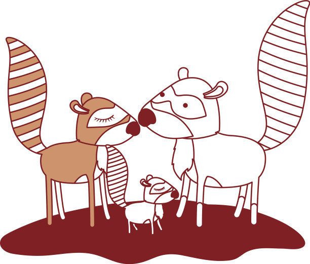 彩色草地上的卡通浣熊夫妇和幼崽图片下载