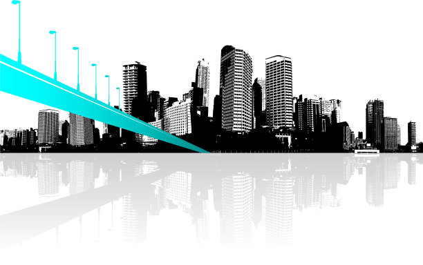 摩天大楼倒映在水中的城市图片下载