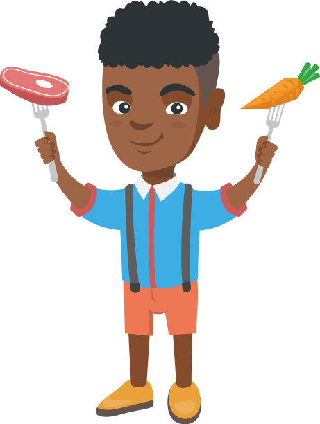 一个非洲小男孩拿着新鲜的胡萝卜和牛排图片下载