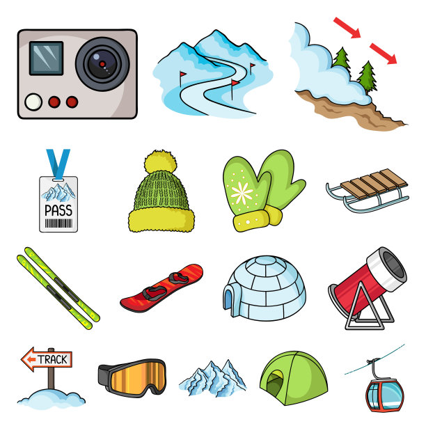 滑雪场和设备卡通图标设置图片下载
