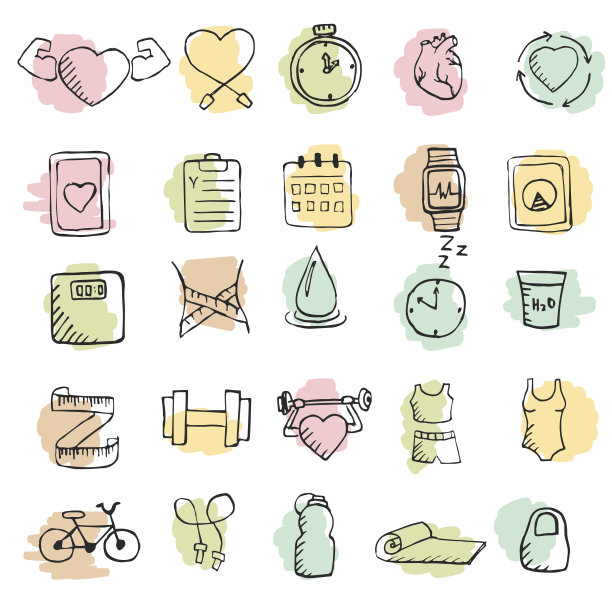 一套手绘健康生活方式图标套装图片下载