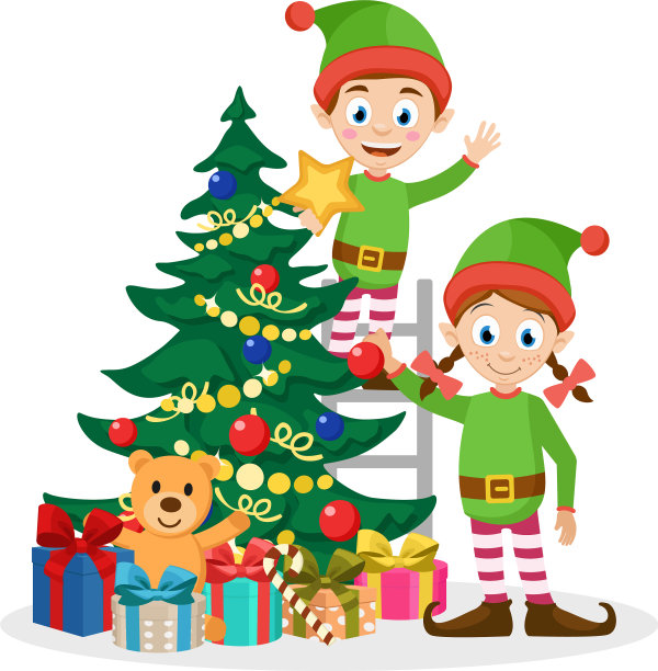 圣诞老人的助手装饰圣诞树图片下载