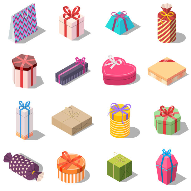 大套不同的礼物和礼品盒图片下载