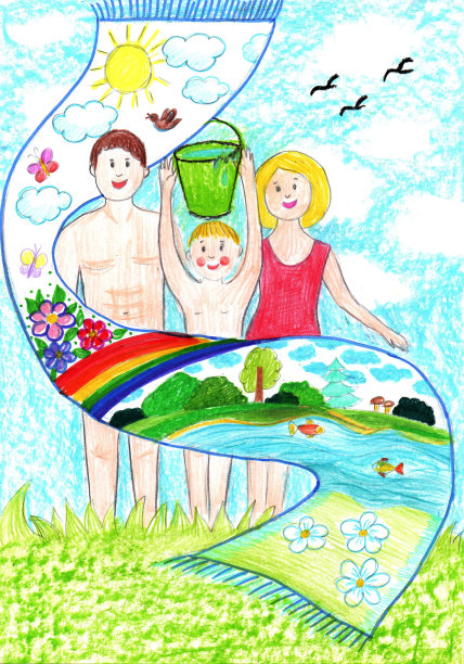 孩子画一个快乐的运动家庭和孩子，在户外玩得很开心。积极健康的生活方式理念。儿童风格的铅笔艺术。图片下载