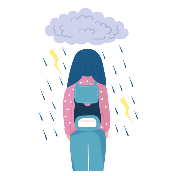 女人走在雨和暴风雨，悲伤的心情后糟糕的一天概念和矢量插图在白色的背景。不稳定的心理状态。图片下载