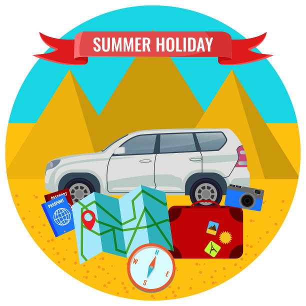 暑假海报与旅行车路图片下载