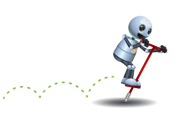 小机器人的3d插图，孩子们玩弹簧单高跷图片下载