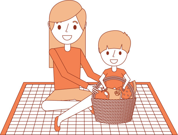 妈妈和她的儿子坐在毯子上和食物图片下载