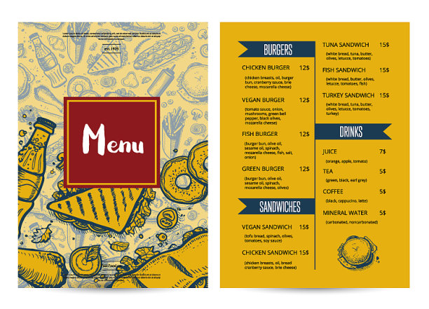 餐厅菜单手册手绘图图片下载