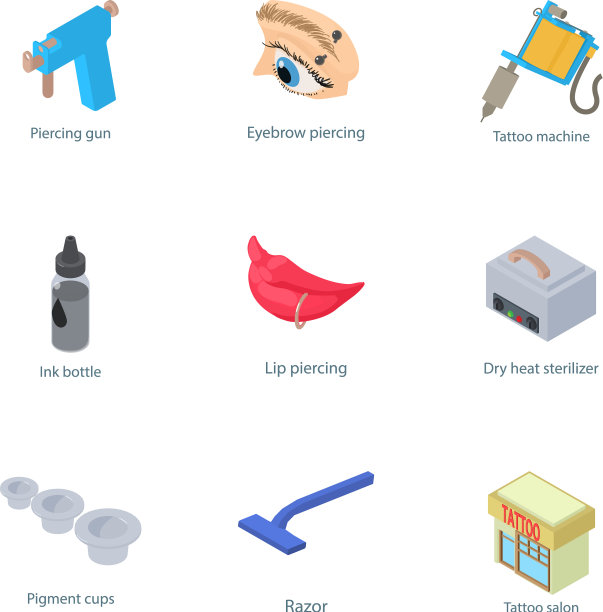 纹身店图标设置等距风格图片下载