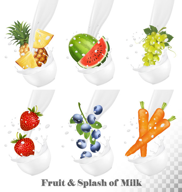 一套不同的牛奶泼水果坚果图片下载