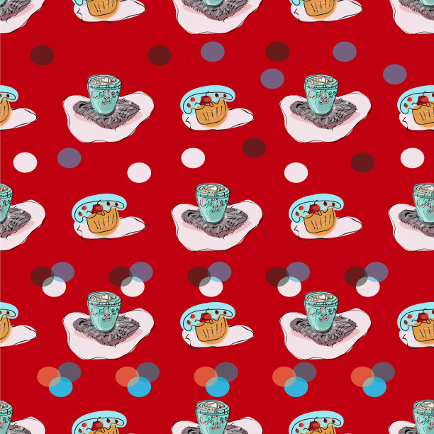 速写咖啡杯和糖果食品无缝衔接图片下载