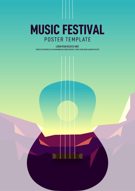 音乐海报设计模板背景装饰与双重曝光的山景和四弦琴图片下载