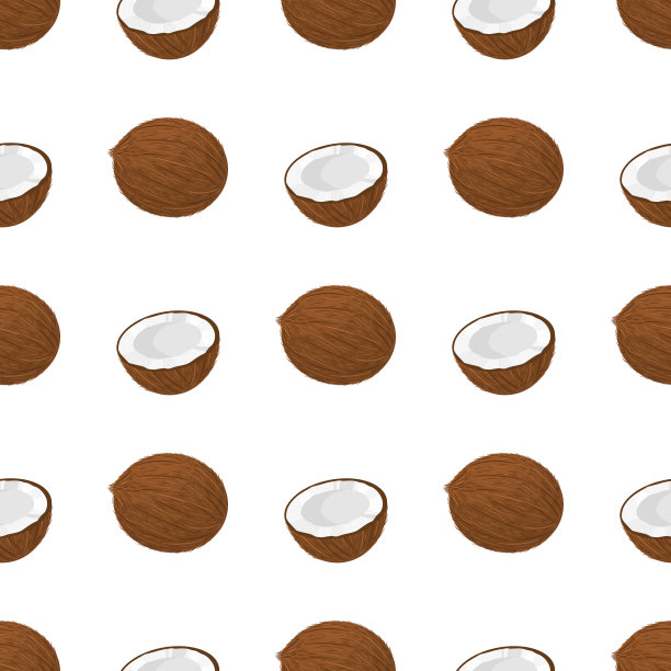 无缝图案与卡通详细的棕色异国情调整个和半个椰子。夏日水果，健康生活方式。有机水果。矢量插图为任何设计。素材图片