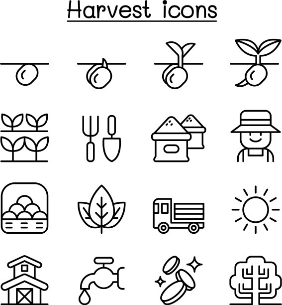 收获图标设置在细线风格图片下载