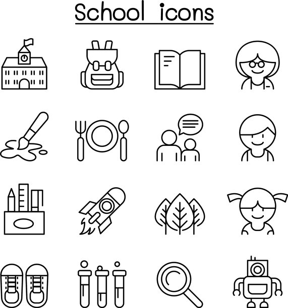 学校图标设置在细线风格图片下载