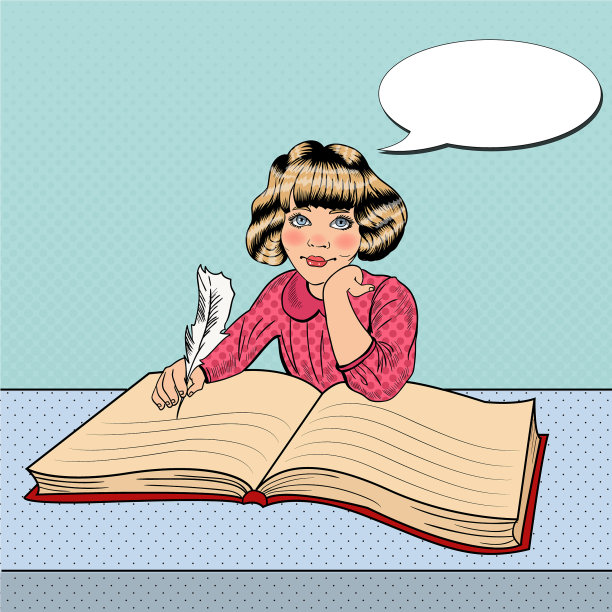 流行艺术小女孩在大书里写作图片下载