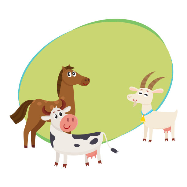 农场的马，牛和山羊在草地上吃草图片下载