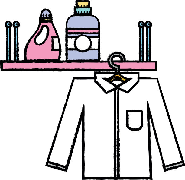 挂有洗洁精瓶和衣服的架子图片下载