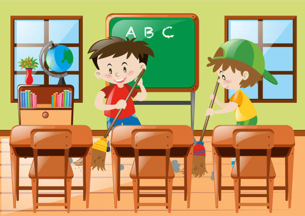 两个男孩在打扫教室图片下载