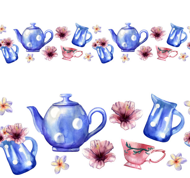 水彩手绘无缝边界与复古蓝色波尔卡点茶壶，牛奶壶与鲜花和粉色杯子。图片下载