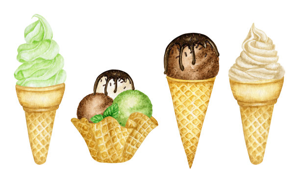 在华夫蛋筒内装饰有巧克力的各种冰淇淋球。水彩插图孤立的各种球香草，巧克力，绿色开心果冰淇淋在华夫饼图片下载