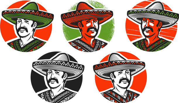 墨西哥在宽边帽标志或标签卡通图片下载