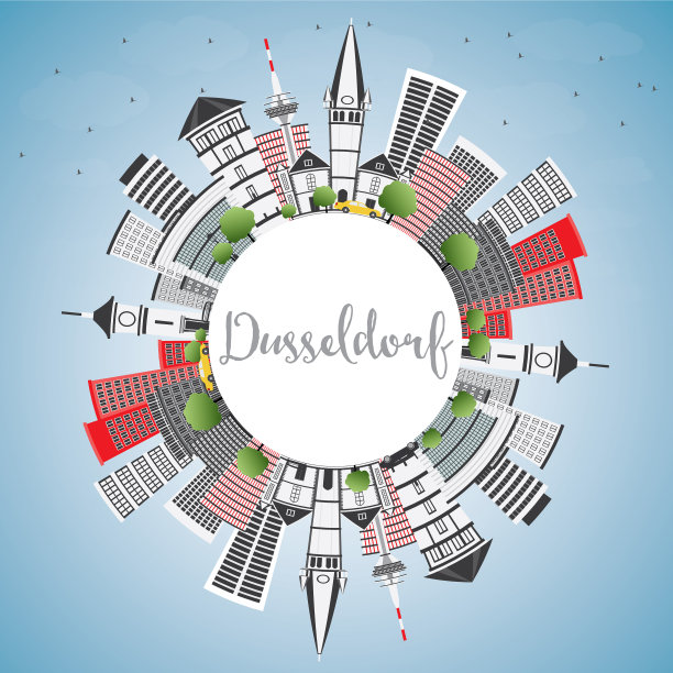 杜塞尔多夫的天际线，灰色的建筑，蓝色的天空图片下载