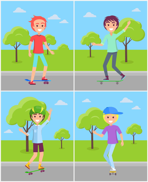 一组男孩在绿色公园溜冰图片下载