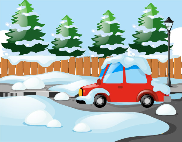 街坊景色与红色汽车覆盖的雪图片下载