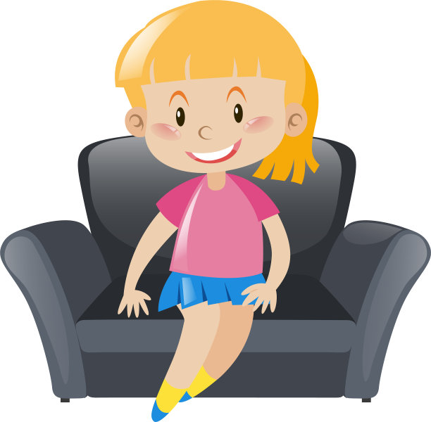 穿粉红色衣服的女孩坐在灰色的沙发上图片下载