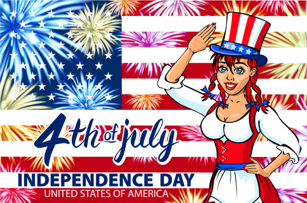 7月4日，女人用小美国国旗敬礼图片下载