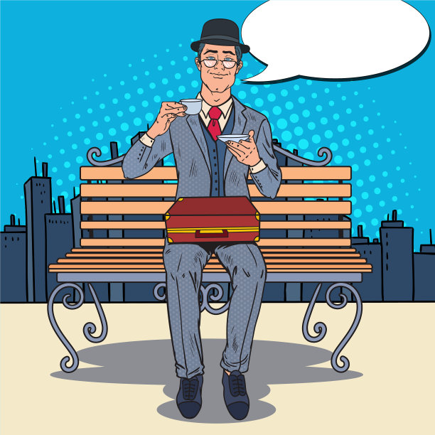 波普艺术商人坐在长凳上喝茶图片下载