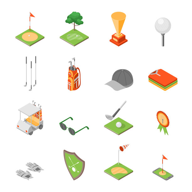 高尔夫球游戏设备和标志图标设置等距图片下载