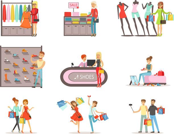 人们购物和买衣服和鞋子集图片下载