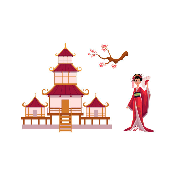 艺伎以扇樱花枝塔为集图片下载