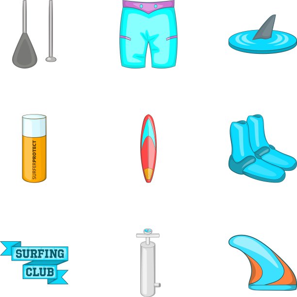 游泳在冲浪板图标设置卡通风格图片下载