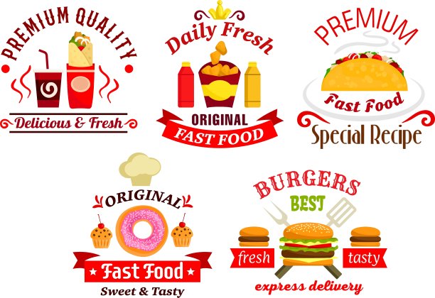 快餐，三明治，饮料和甜点徽章图片下载