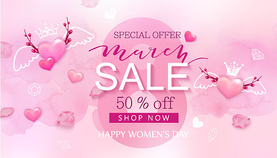 3月8日印有心形和樱花图案的促销横幅图片下载