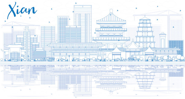 用蓝色的建筑勾勒出西安的天际线图片下载