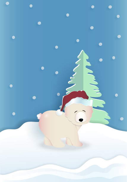 熊戴着红色的帽子，蓝色上面有绿色的松树图片下载