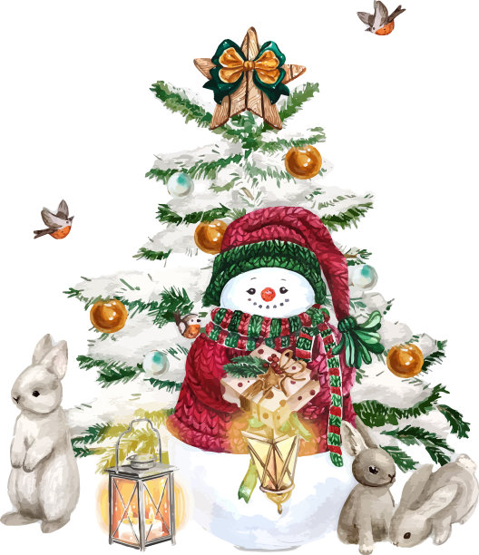 水彩雪人与灯的节日装饰图片下载