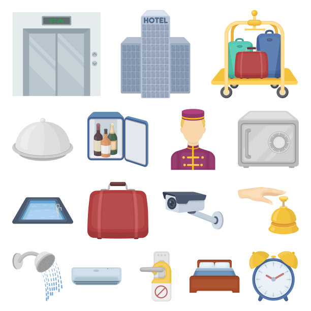 酒店和设备卡通图标设置图片下载