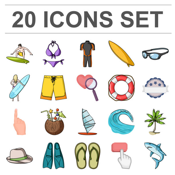 冲浪和极端卡通图标设置图片下载